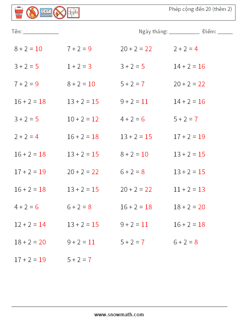 (50) Phép cộng đến 20 (thêm 2) Bảng tính toán học 8 Câu hỏi, câu trả lời