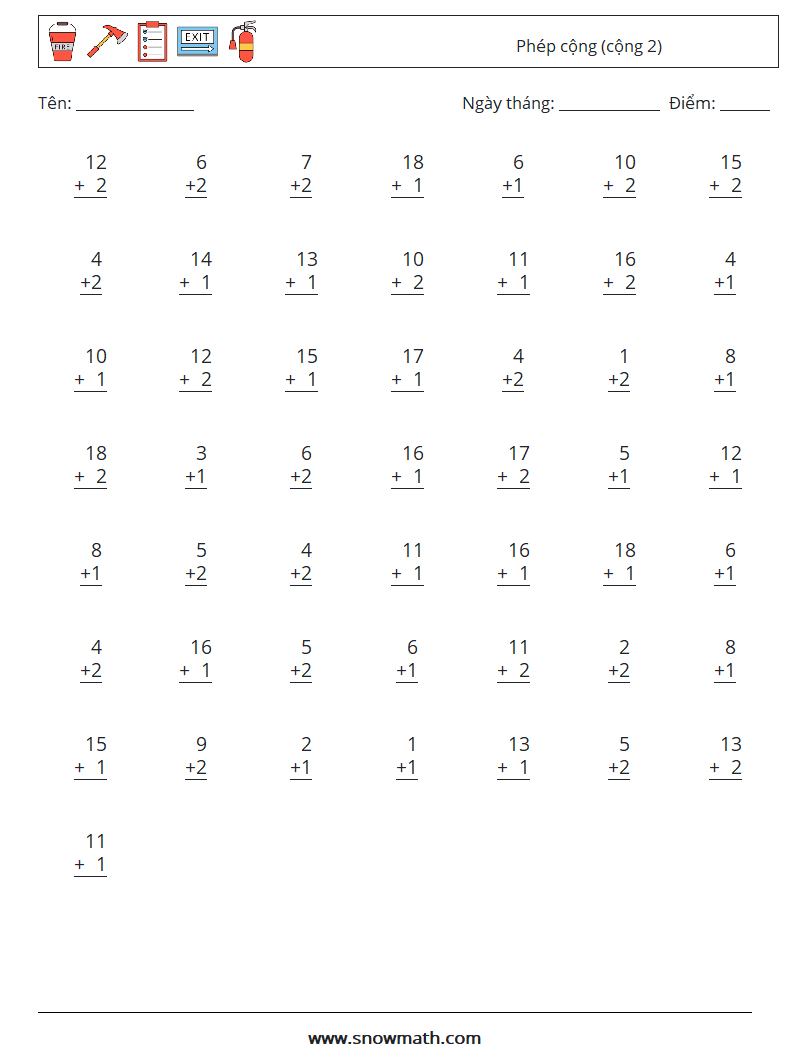 (50) Phép cộng (cộng 2) Bảng tính toán học 14