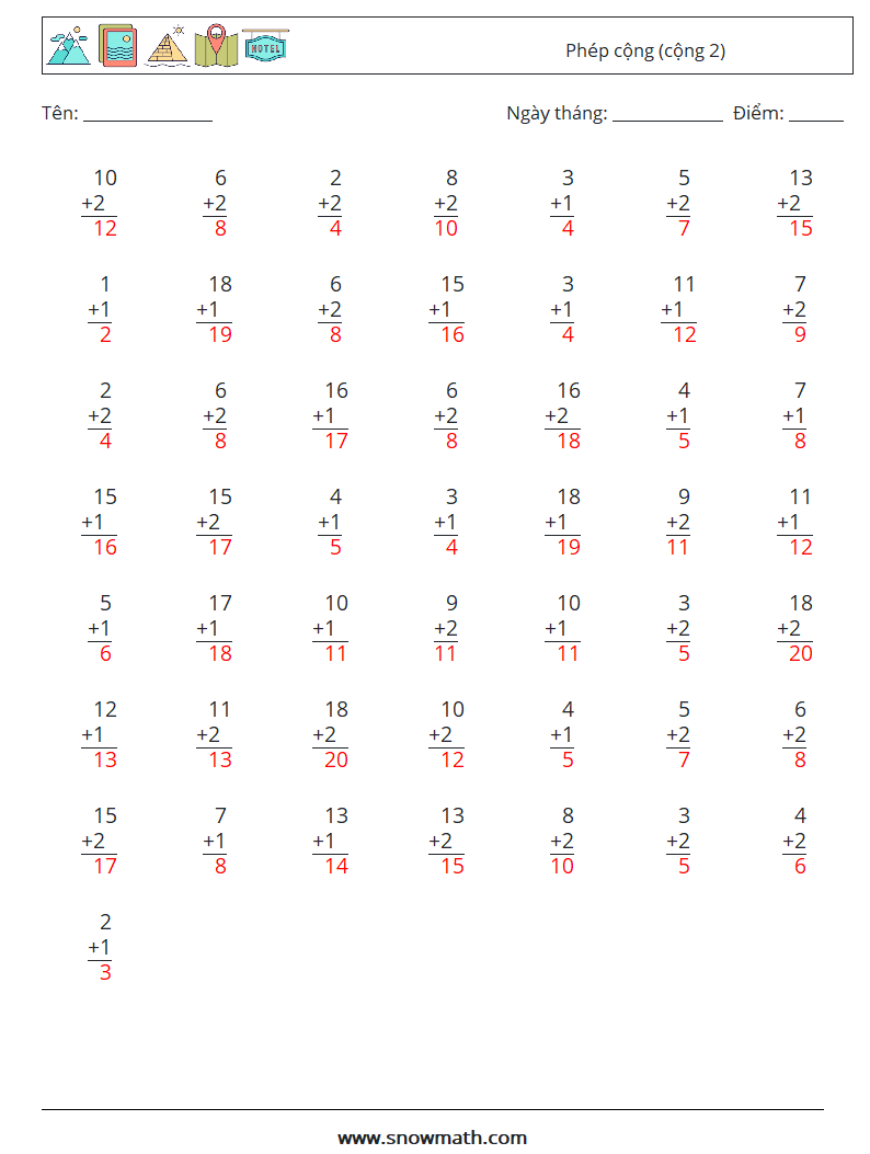 (50) Phép cộng (cộng 2) Bảng tính toán học 2 Câu hỏi, câu trả lời
