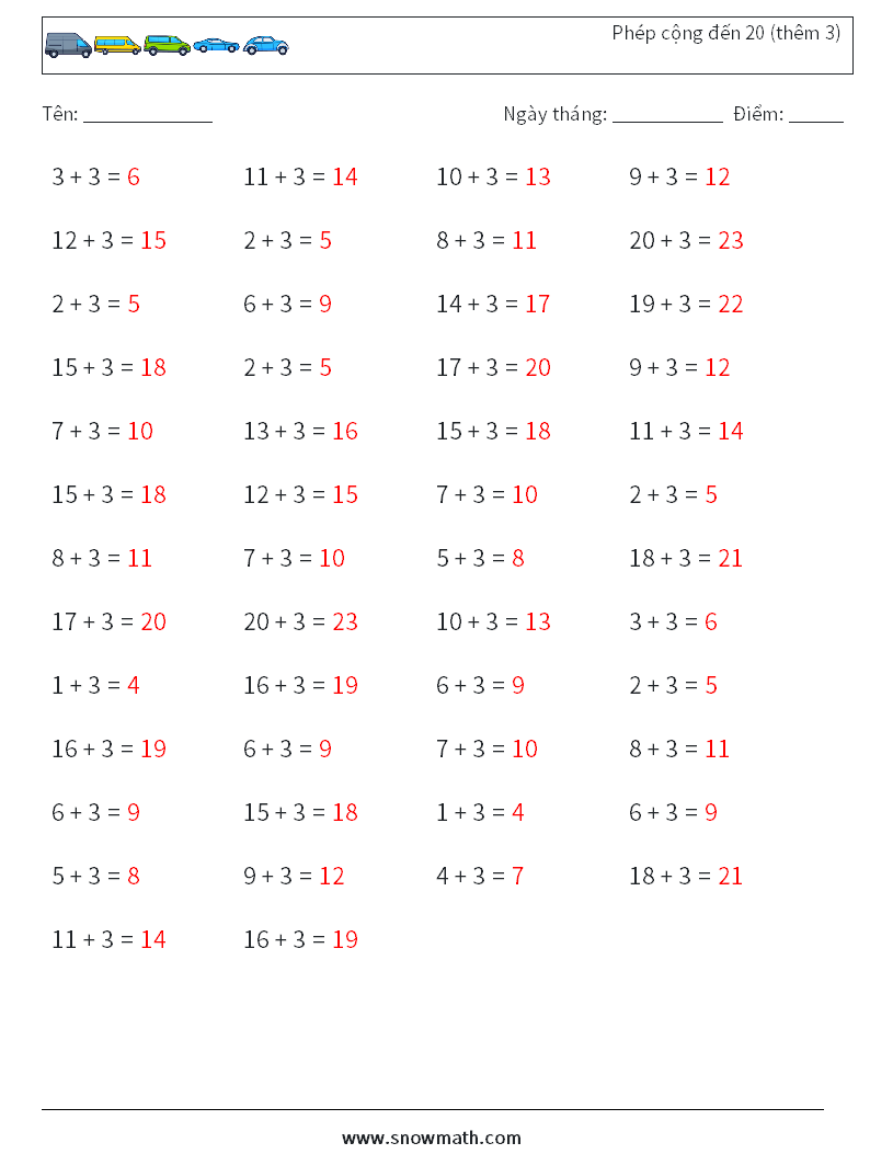 (50) Phép cộng đến 20 (thêm 3) Bảng tính toán học 1 Câu hỏi, câu trả lời