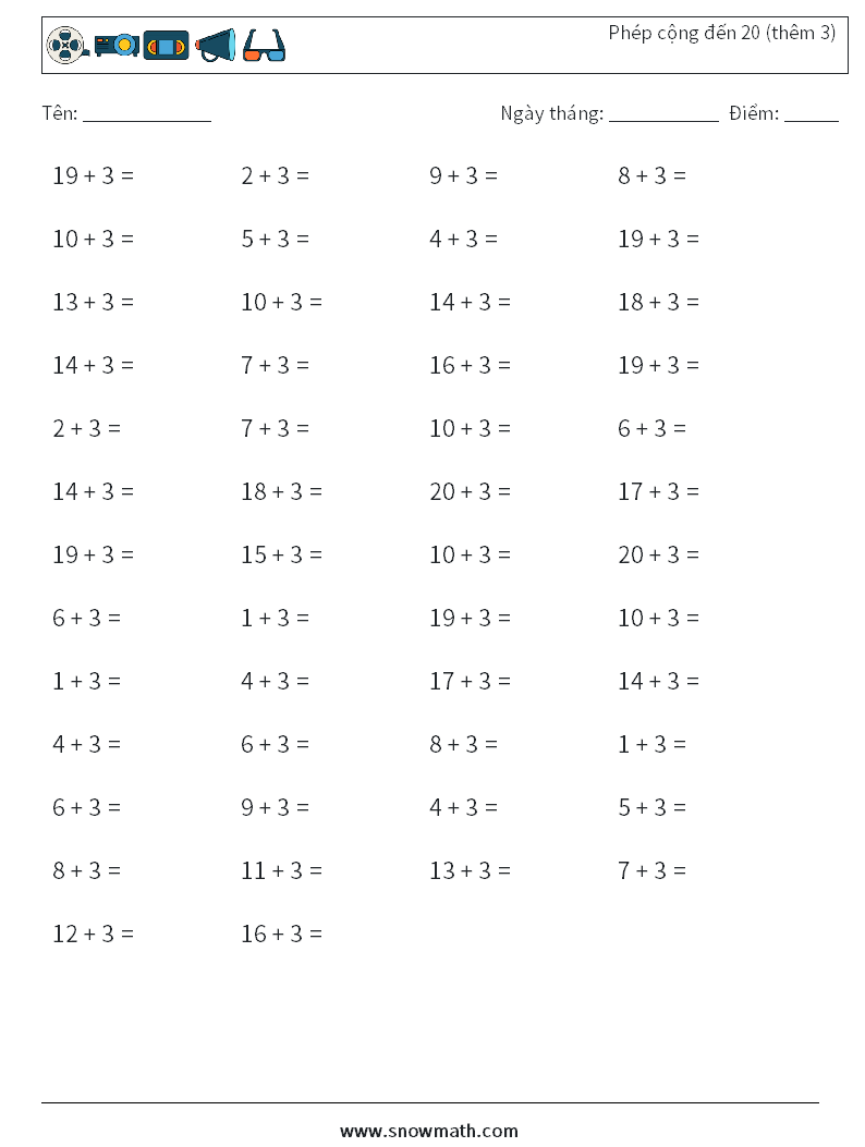 (50) Phép cộng đến 20 (thêm 3) Bảng tính toán học 2
