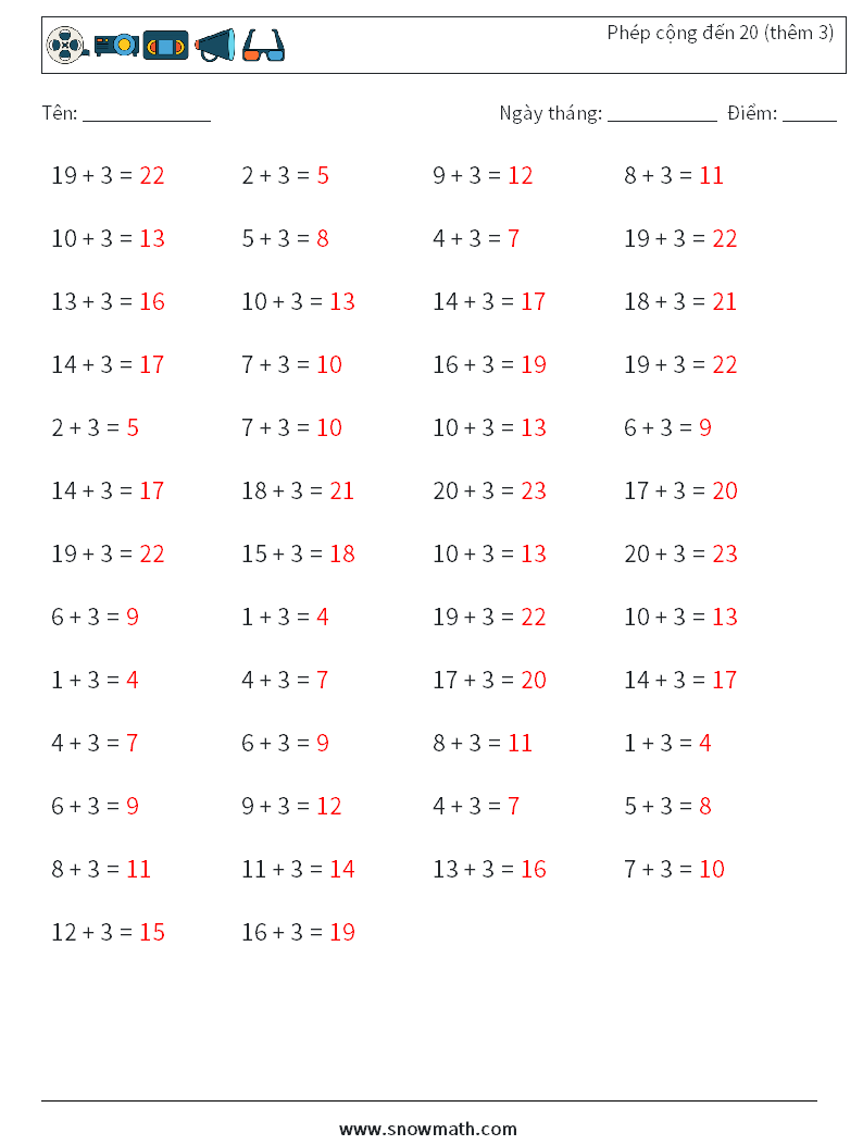 (50) Phép cộng đến 20 (thêm 3) Bảng tính toán học 2 Câu hỏi, câu trả lời
