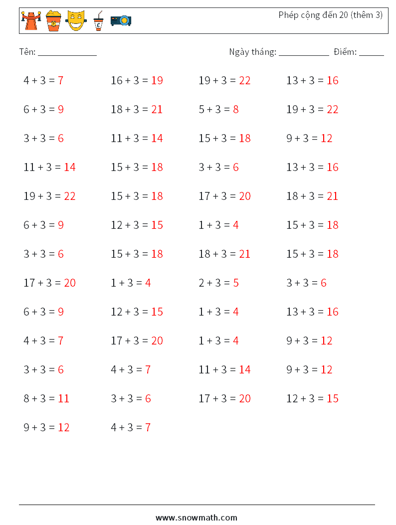 (50) Phép cộng đến 20 (thêm 3) Bảng tính toán học 3 Câu hỏi, câu trả lời