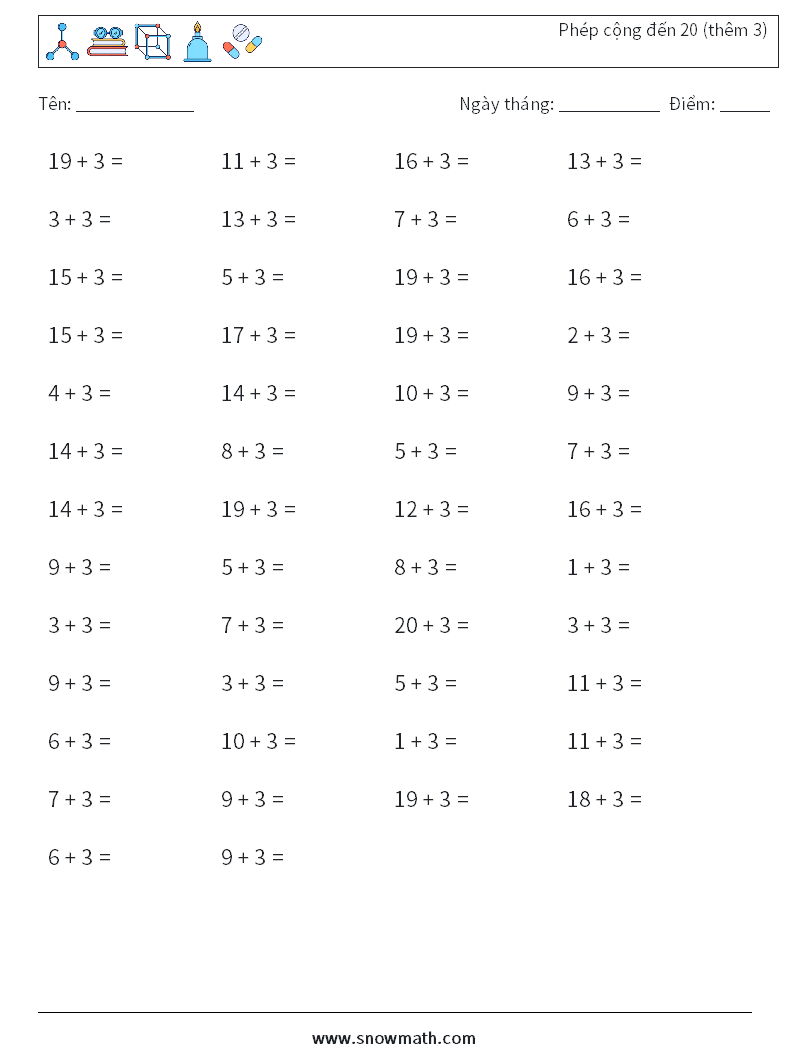 (50) Phép cộng đến 20 (thêm 3) Bảng tính toán học 4