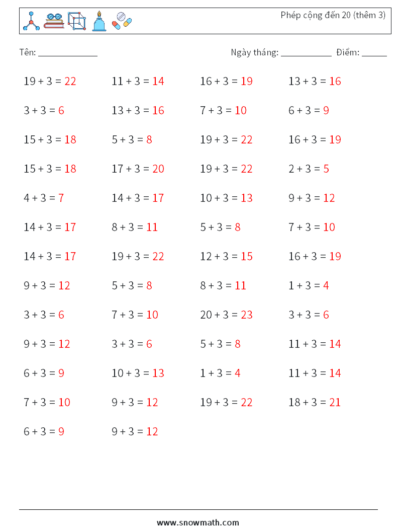 (50) Phép cộng đến 20 (thêm 3) Bảng tính toán học 4 Câu hỏi, câu trả lời