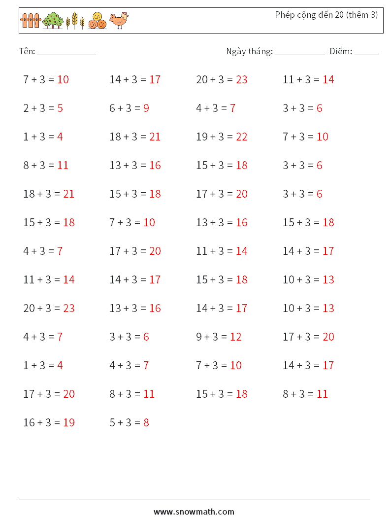 (50) Phép cộng đến 20 (thêm 3) Bảng tính toán học 5 Câu hỏi, câu trả lời