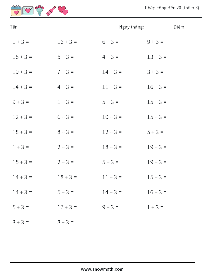 (50) Phép cộng đến 20 (thêm 3) Bảng tính toán học 6