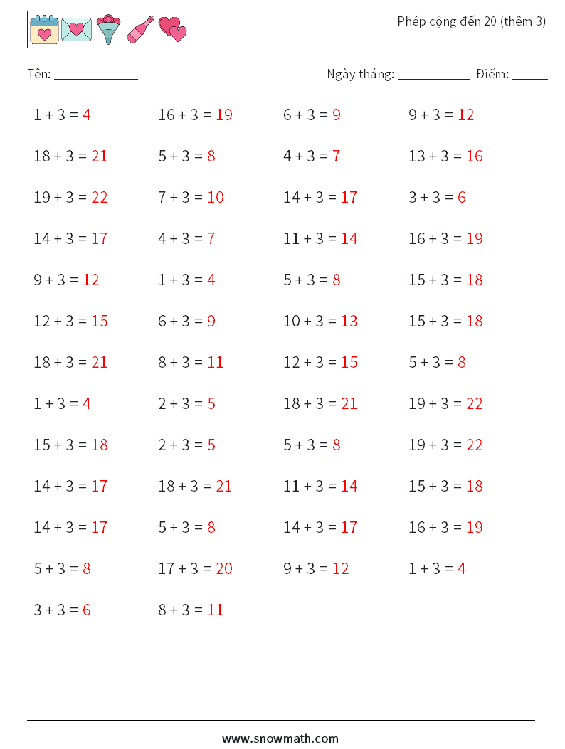 (50) Phép cộng đến 20 (thêm 3) Bảng tính toán học 6 Câu hỏi, câu trả lời