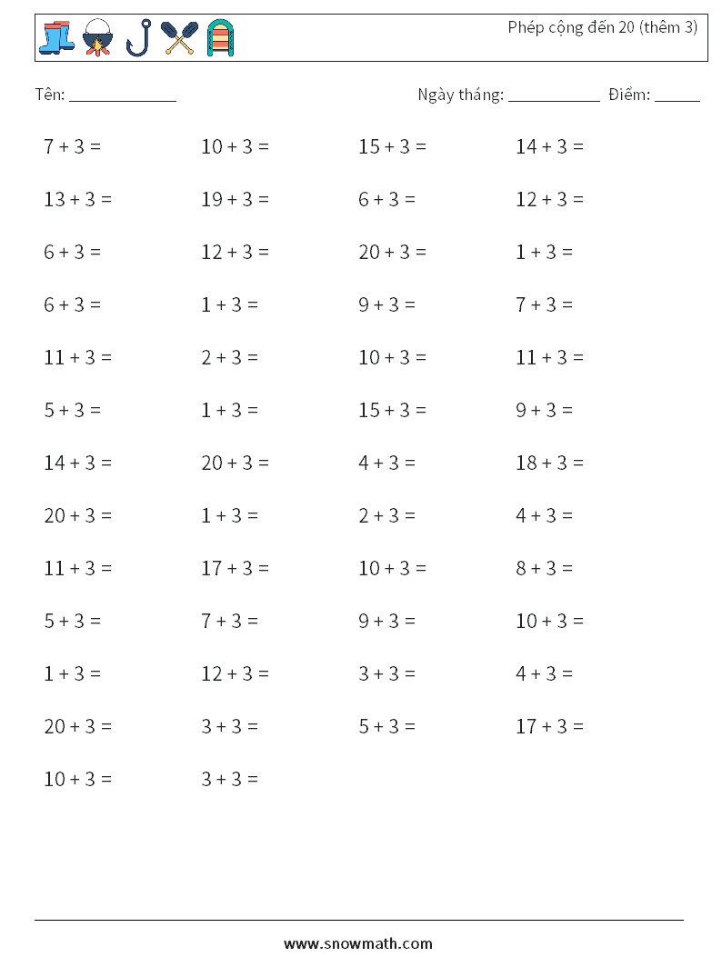 (50) Phép cộng đến 20 (thêm 3) Bảng tính toán học 7