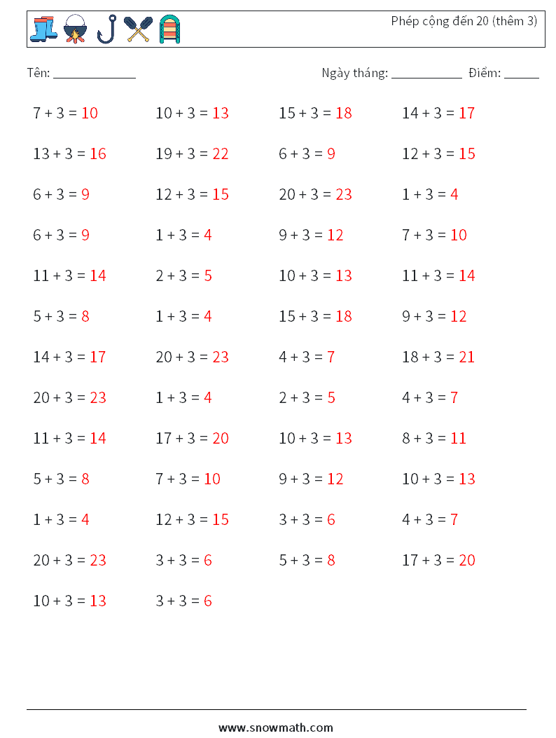 (50) Phép cộng đến 20 (thêm 3) Bảng tính toán học 7 Câu hỏi, câu trả lời