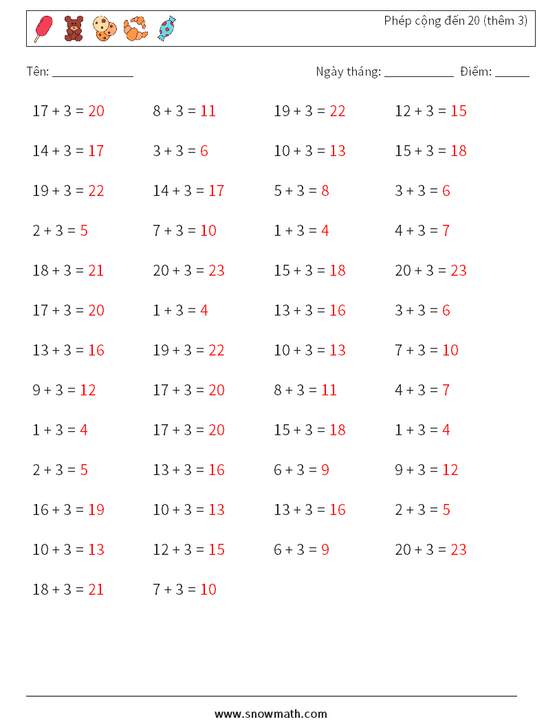 (50) Phép cộng đến 20 (thêm 3) Bảng tính toán học 8 Câu hỏi, câu trả lời