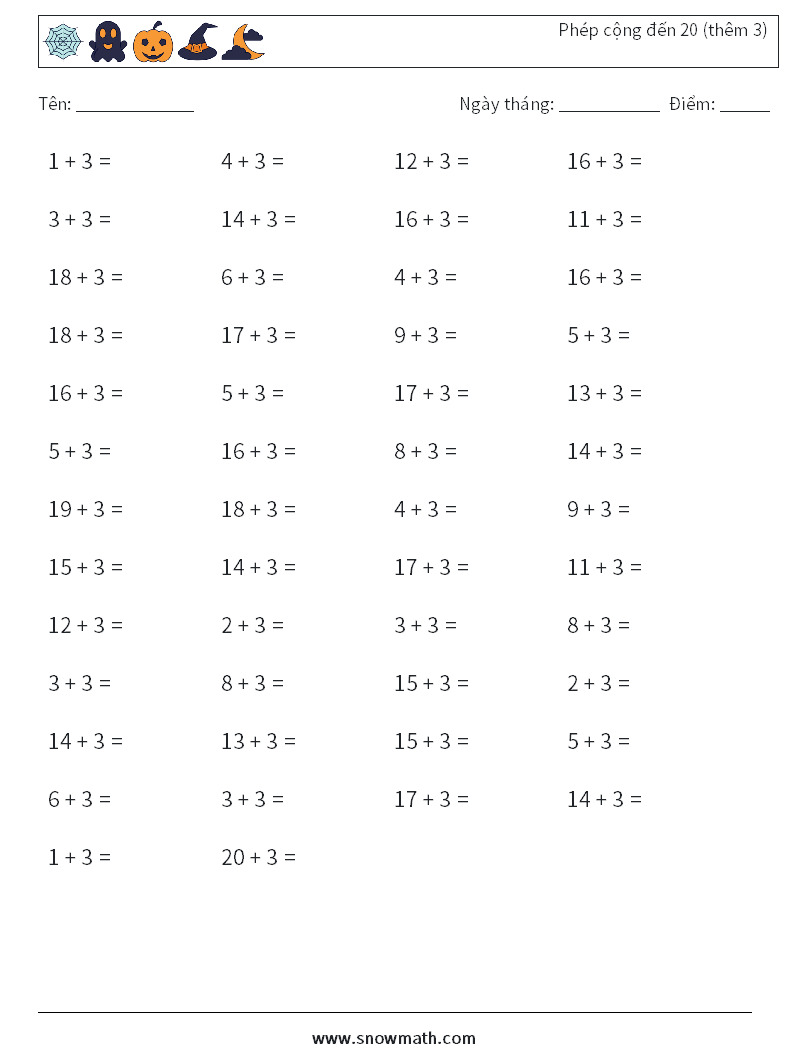 (50) Phép cộng đến 20 (thêm 3) Bảng tính toán học 9