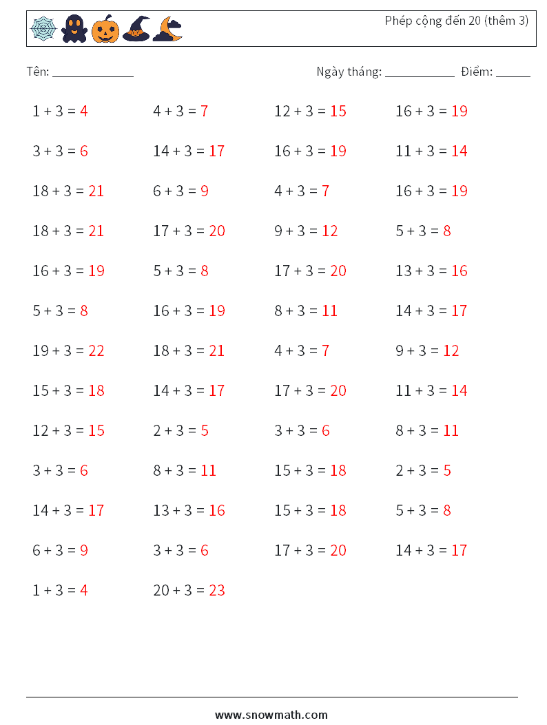 (50) Phép cộng đến 20 (thêm 3) Bảng tính toán học 9 Câu hỏi, câu trả lời