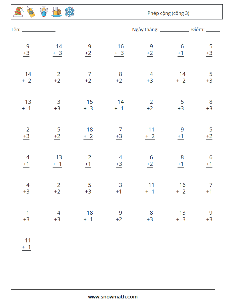 (50) Phép cộng (cộng 3) Bảng tính toán học 14