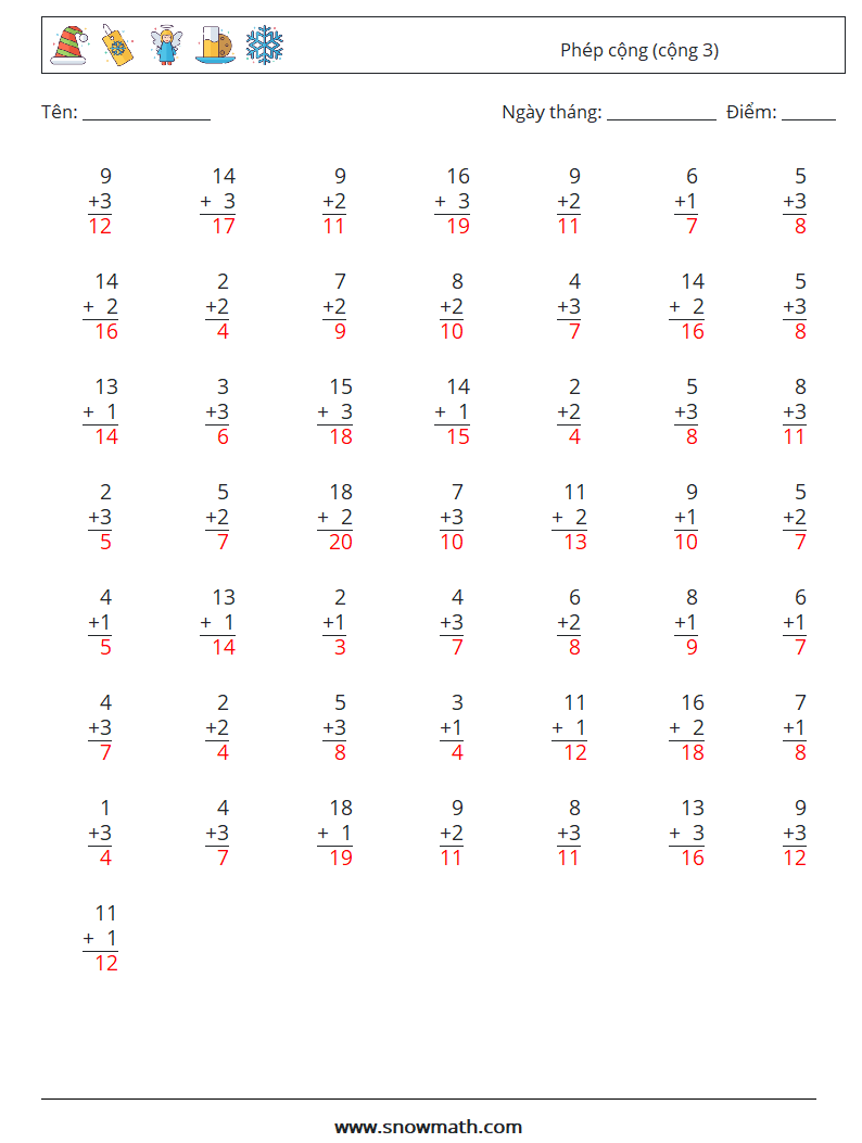 (50) Phép cộng (cộng 3) Bảng tính toán học 14 Câu hỏi, câu trả lời