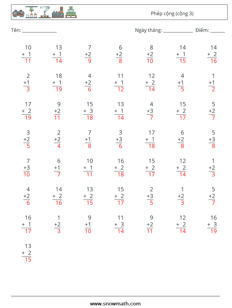 (50) Phép cộng (cộng 3) Bảng tính toán học 16 Câu hỏi, câu trả lời