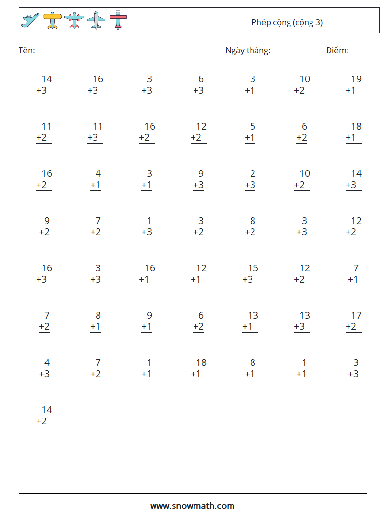 (50) Phép cộng (cộng 3) Bảng tính toán học 2