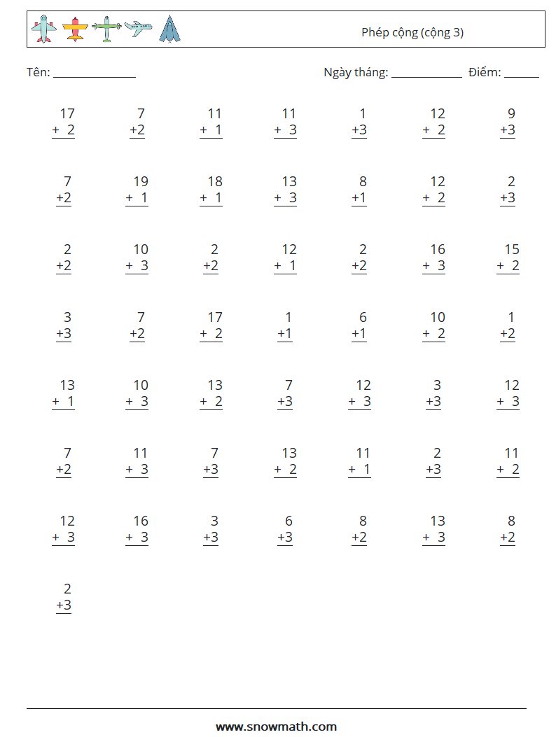 (50) Phép cộng (cộng 3) Bảng tính toán học 3