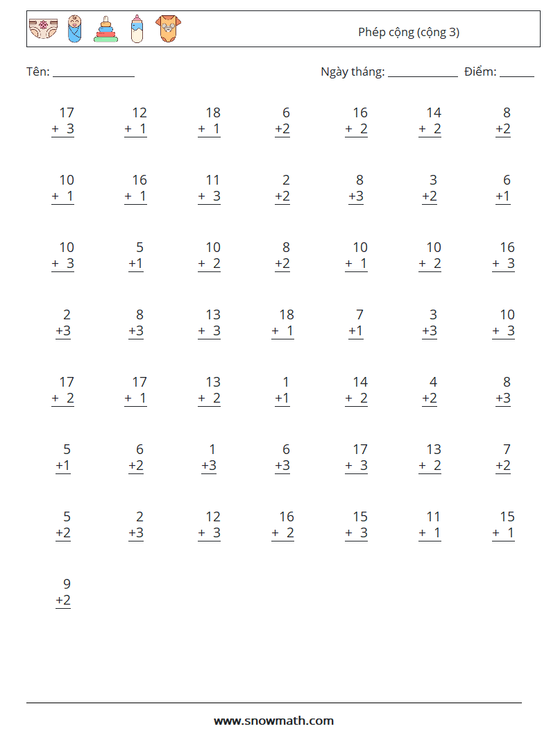 (50) Phép cộng (cộng 3) Bảng tính toán học 7