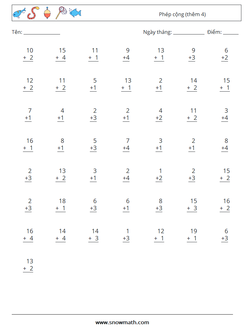 (50) Phép cộng (thêm 4) Bảng tính toán học 13