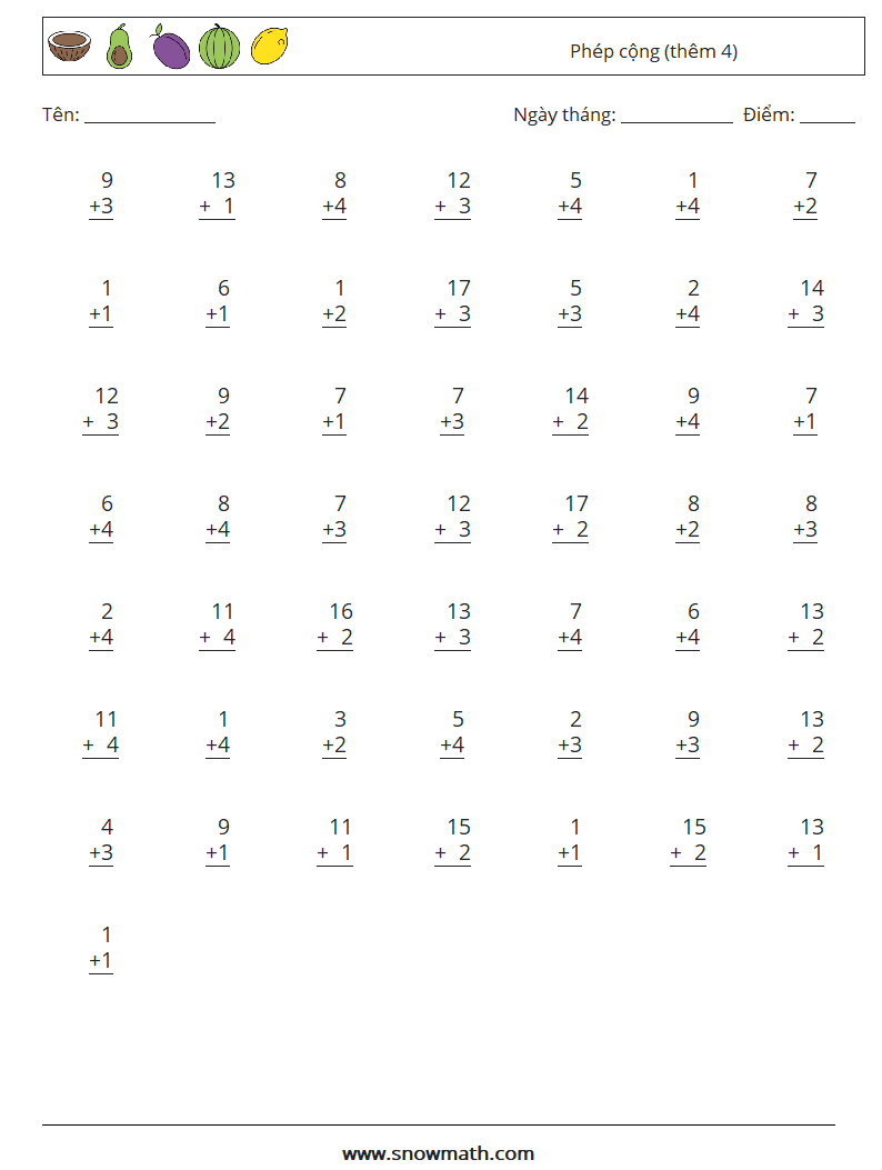 (50) Phép cộng (thêm 4) Bảng tính toán học 6