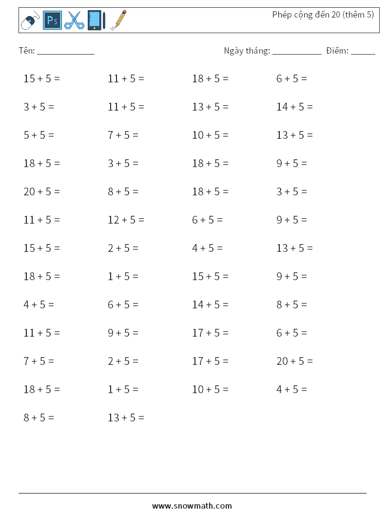 (50) Phép cộng đến 20 (thêm 5) Bảng tính toán học 4
