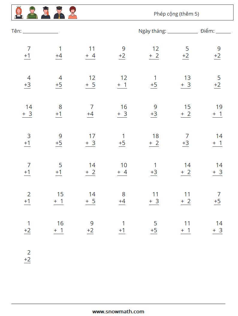 (50) Phép cộng (thêm 5) Bảng tính toán học 3