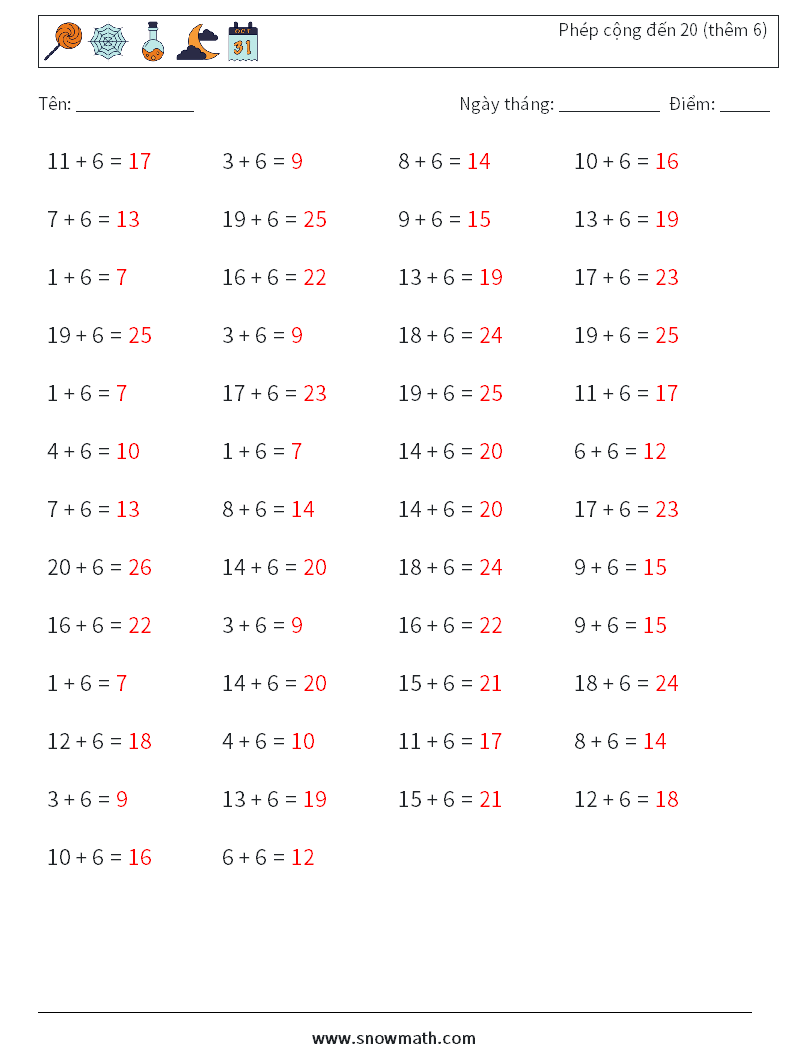 (50) Phép cộng đến 20 (thêm 6) Bảng tính toán học 1 Câu hỏi, câu trả lời