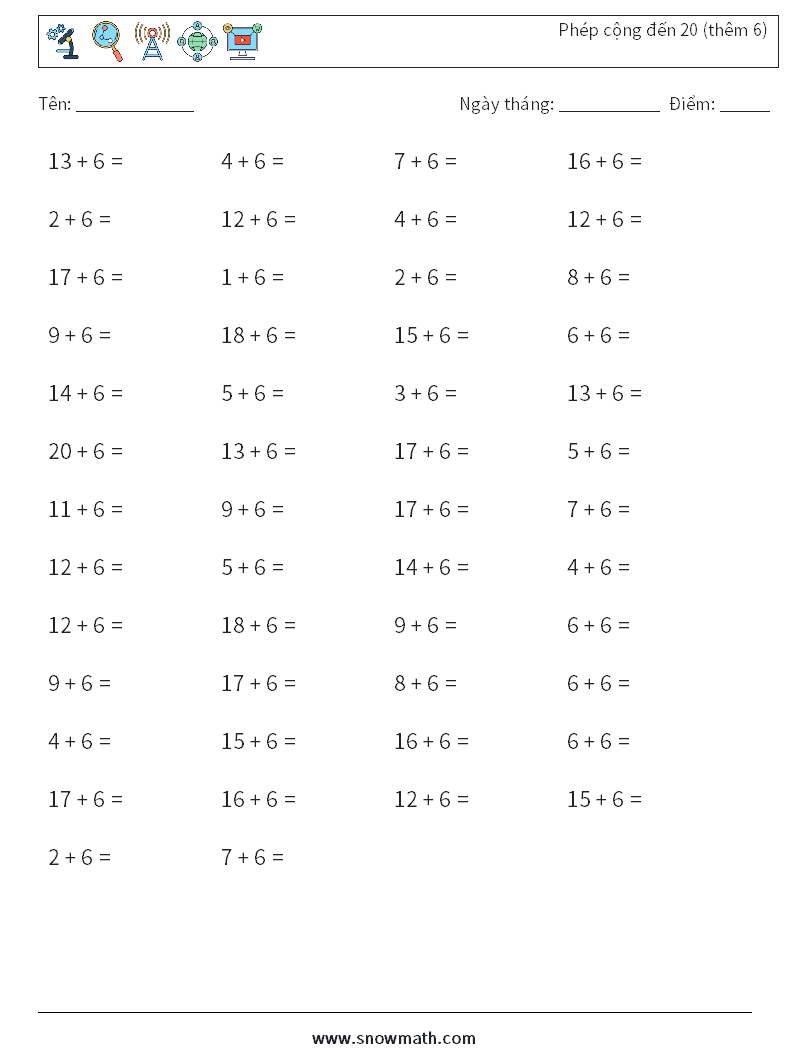 (50) Phép cộng đến 20 (thêm 6) Bảng tính toán học 2