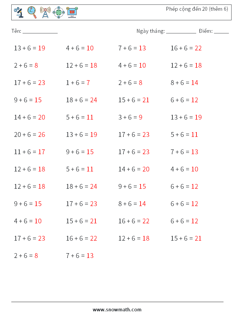(50) Phép cộng đến 20 (thêm 6) Bảng tính toán học 2 Câu hỏi, câu trả lời