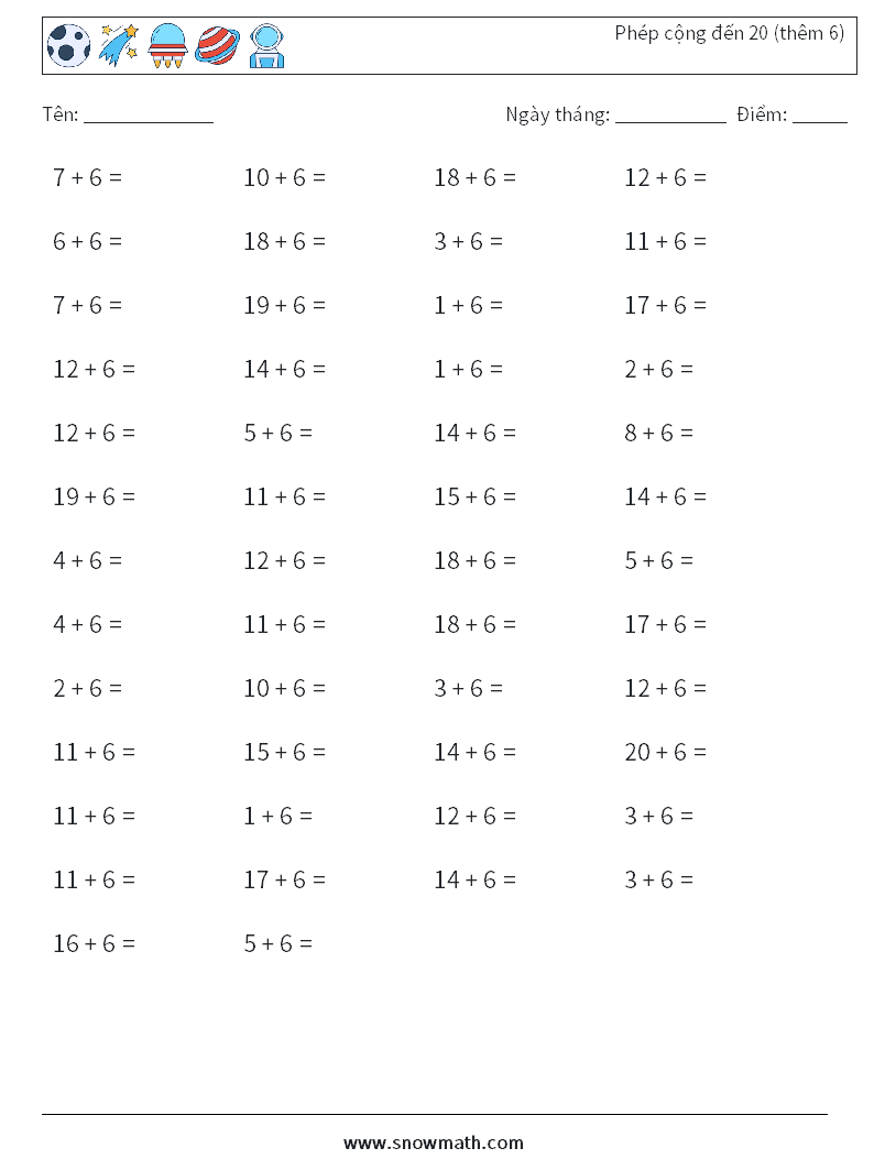 (50) Phép cộng đến 20 (thêm 6) Bảng tính toán học 3