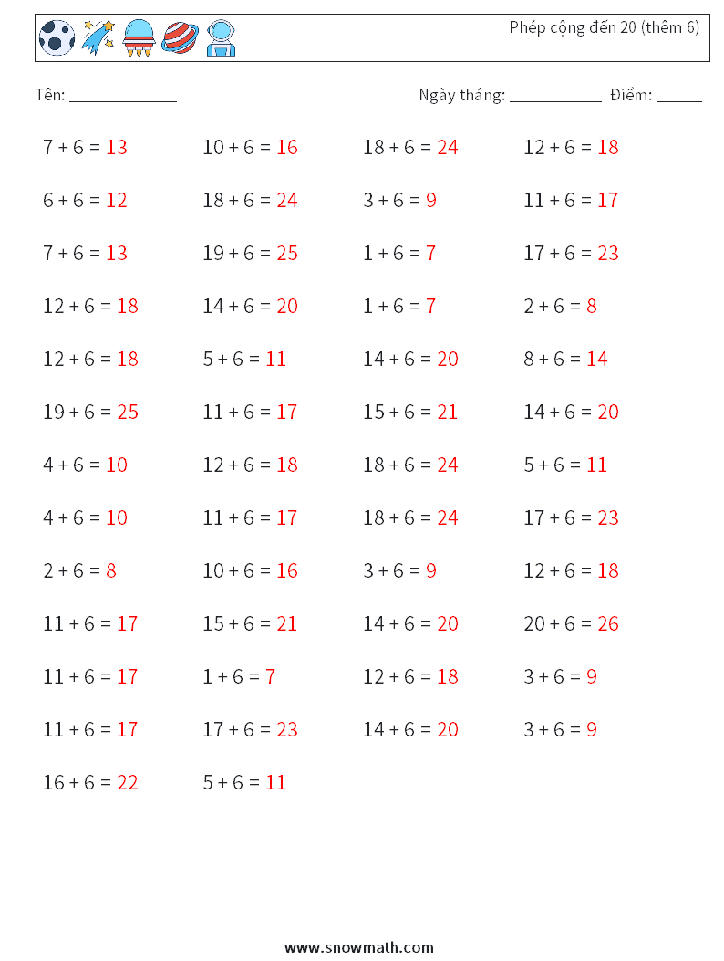 (50) Phép cộng đến 20 (thêm 6) Bảng tính toán học 3 Câu hỏi, câu trả lời