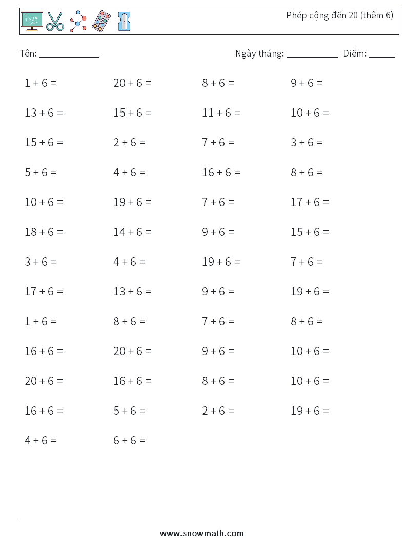 (50) Phép cộng đến 20 (thêm 6) Bảng tính toán học 4