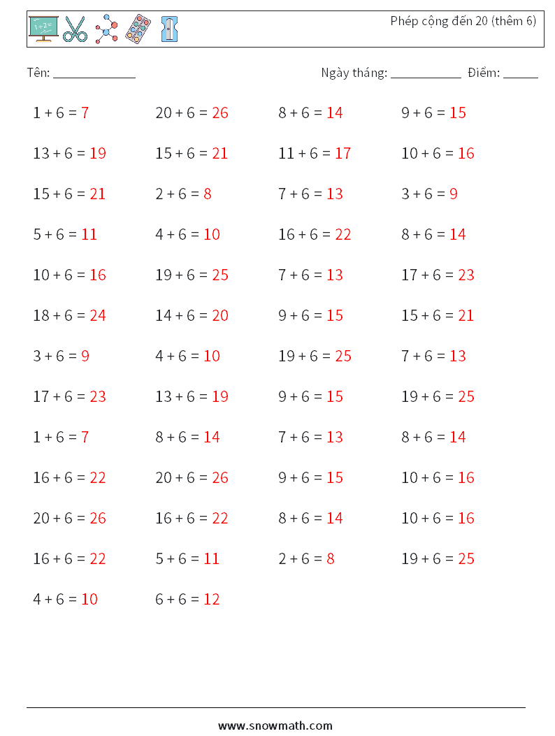 (50) Phép cộng đến 20 (thêm 6) Bảng tính toán học 4 Câu hỏi, câu trả lời