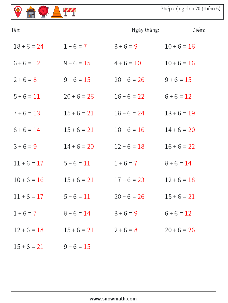 (50) Phép cộng đến 20 (thêm 6) Bảng tính toán học 5 Câu hỏi, câu trả lời