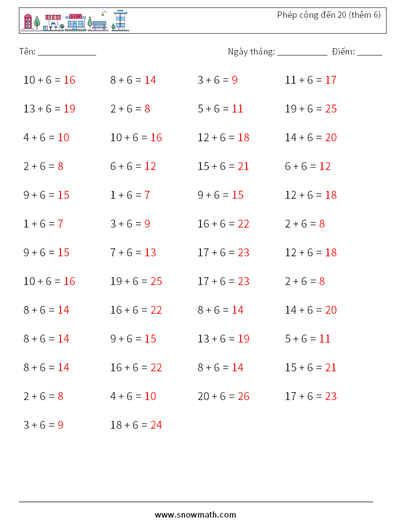 (50) Phép cộng đến 20 (thêm 6) Bảng tính toán học 6 Câu hỏi, câu trả lời