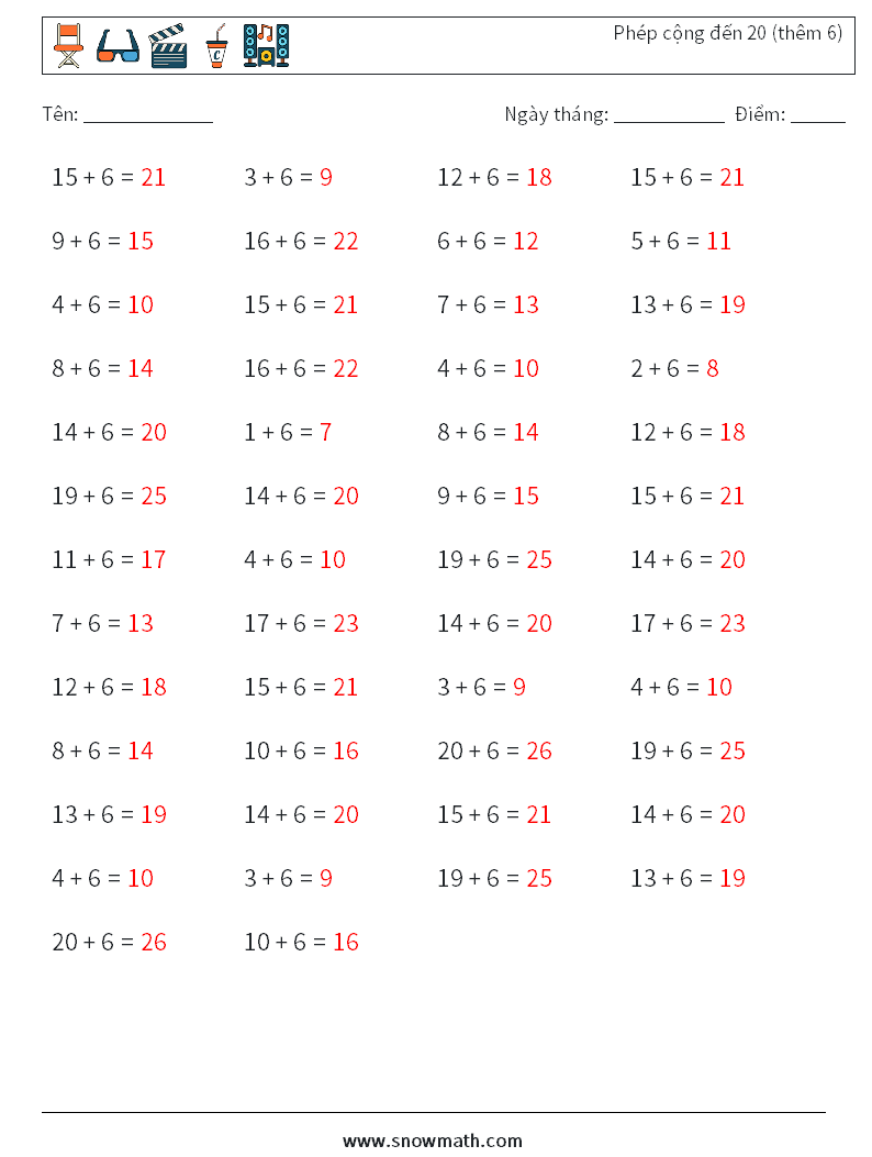(50) Phép cộng đến 20 (thêm 6) Bảng tính toán học 7 Câu hỏi, câu trả lời