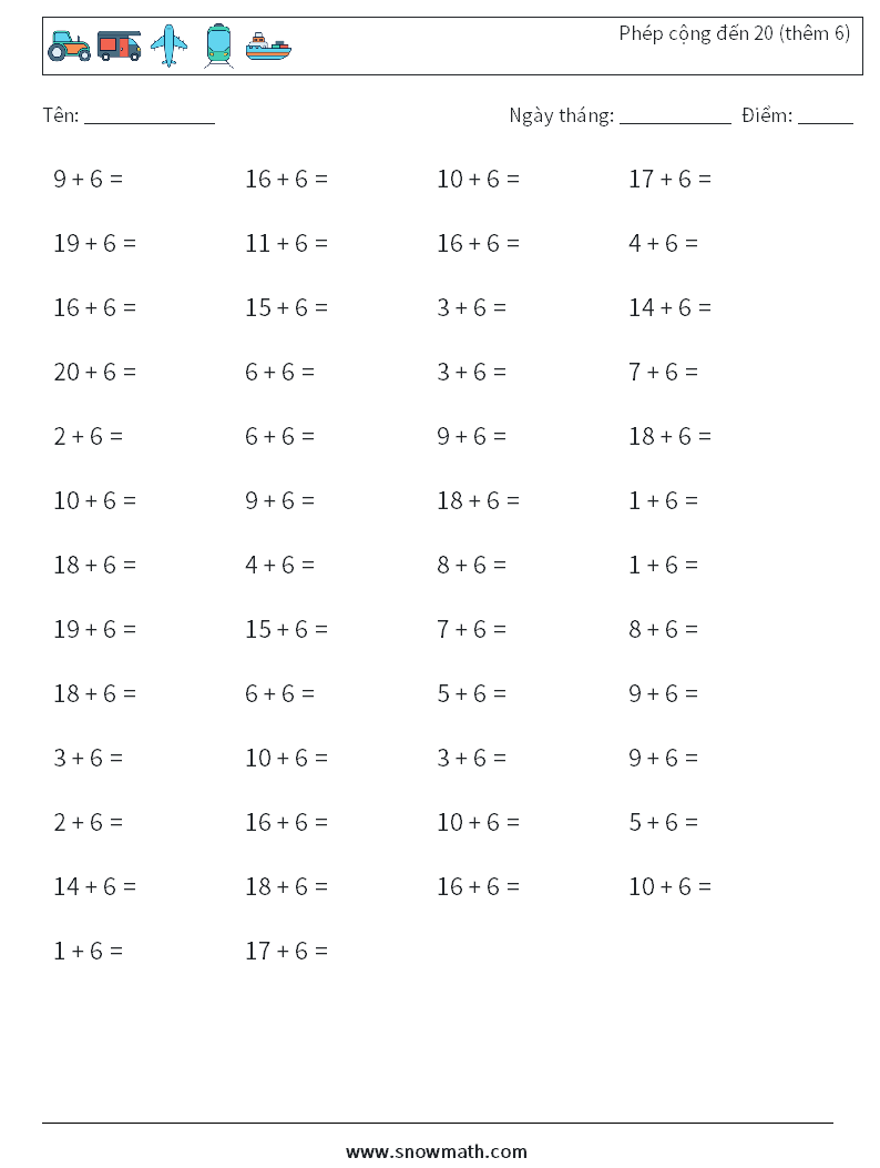 (50) Phép cộng đến 20 (thêm 6) Bảng tính toán học 9