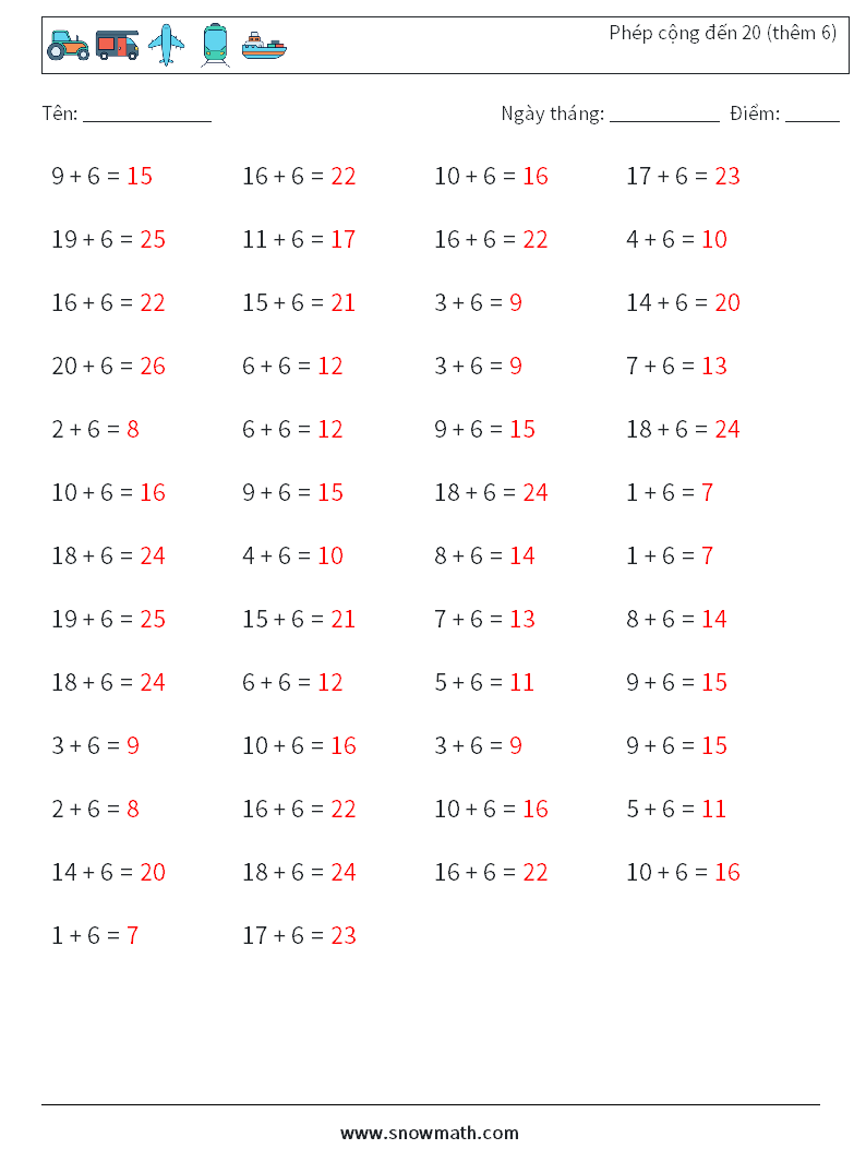(50) Phép cộng đến 20 (thêm 6) Bảng tính toán học 9 Câu hỏi, câu trả lời