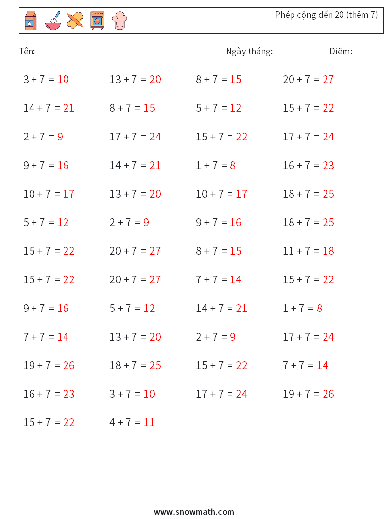 (50) Phép cộng đến 20 (thêm 7) Bảng tính toán học 1 Câu hỏi, câu trả lời