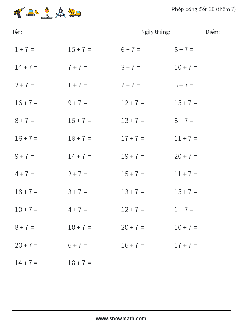 (50) Phép cộng đến 20 (thêm 7) Bảng tính toán học 2