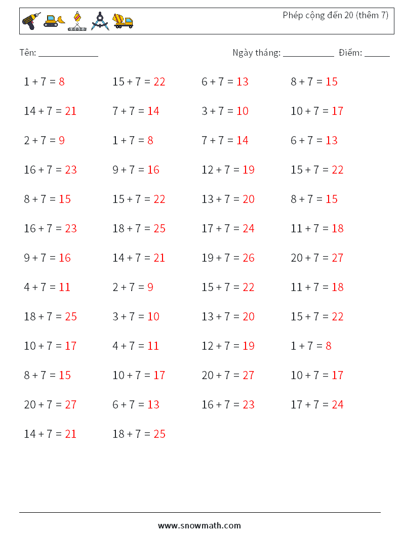(50) Phép cộng đến 20 (thêm 7) Bảng tính toán học 2 Câu hỏi, câu trả lời