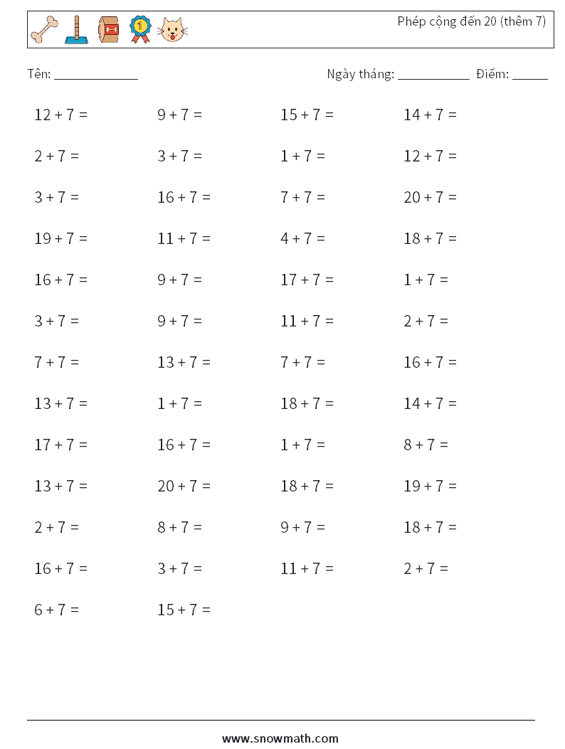 (50) Phép cộng đến 20 (thêm 7) Bảng tính toán học 4