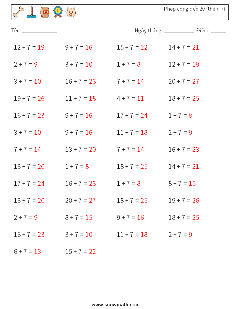 (50) Phép cộng đến 20 (thêm 7) Bảng tính toán học 4 Câu hỏi, câu trả lời