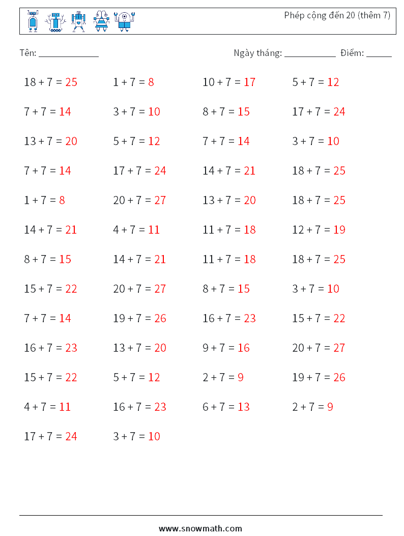 (50) Phép cộng đến 20 (thêm 7) Bảng tính toán học 6 Câu hỏi, câu trả lời