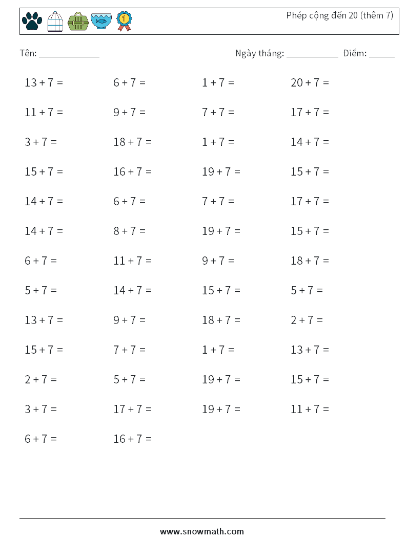 (50) Phép cộng đến 20 (thêm 7) Bảng tính toán học 7