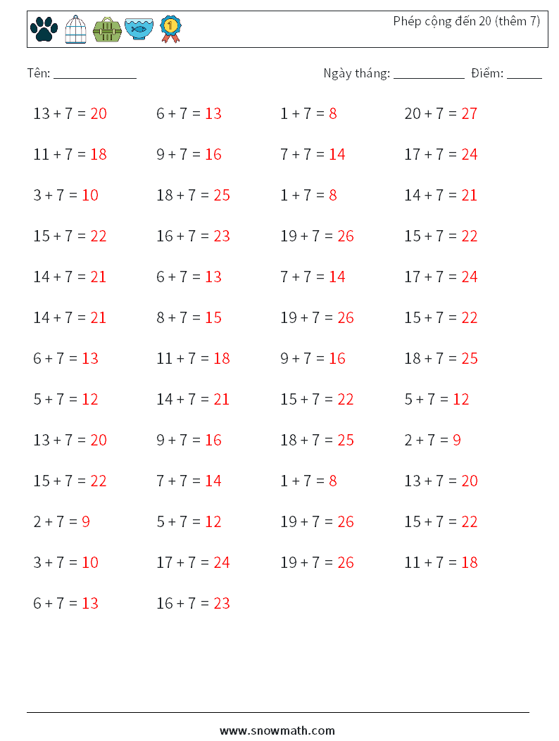 (50) Phép cộng đến 20 (thêm 7) Bảng tính toán học 7 Câu hỏi, câu trả lời