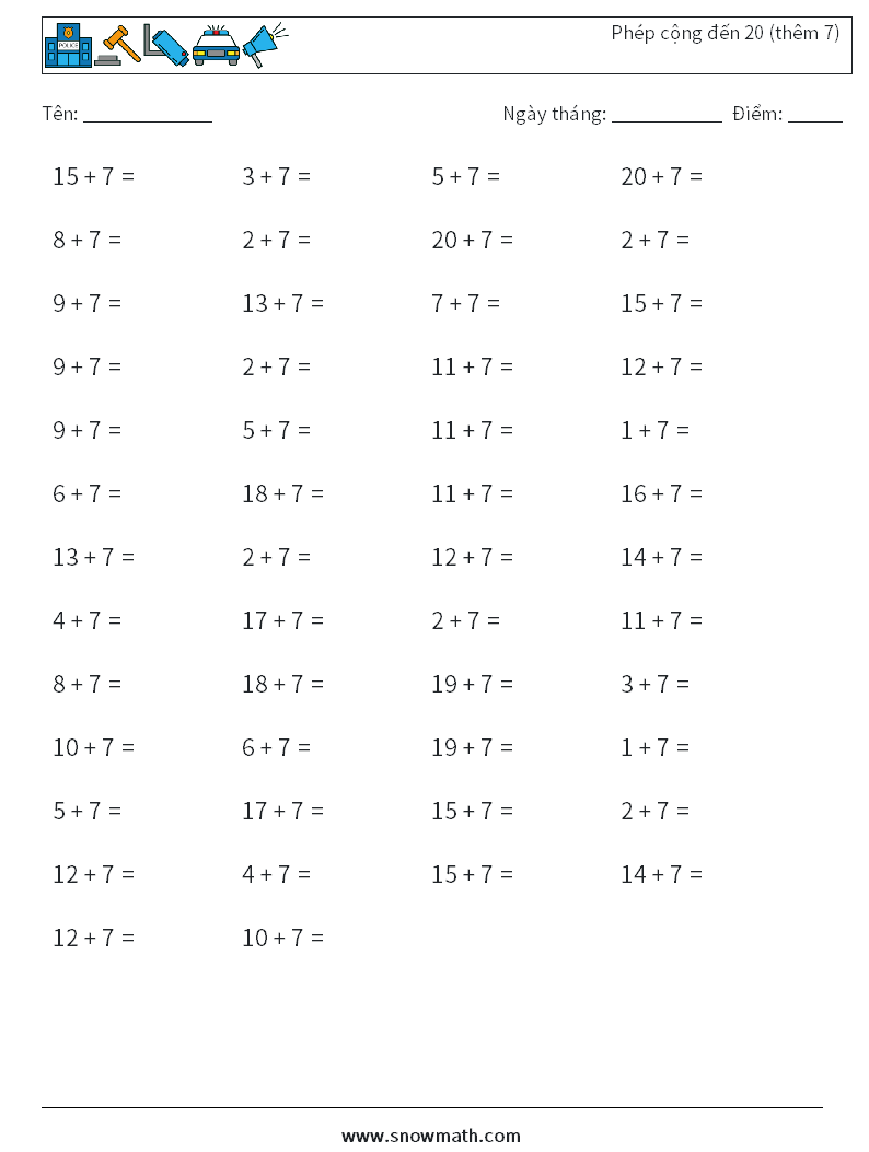 (50) Phép cộng đến 20 (thêm 7) Bảng tính toán học 8