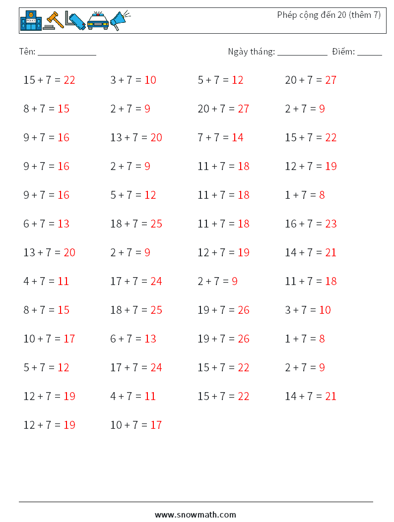 (50) Phép cộng đến 20 (thêm 7) Bảng tính toán học 8 Câu hỏi, câu trả lời
