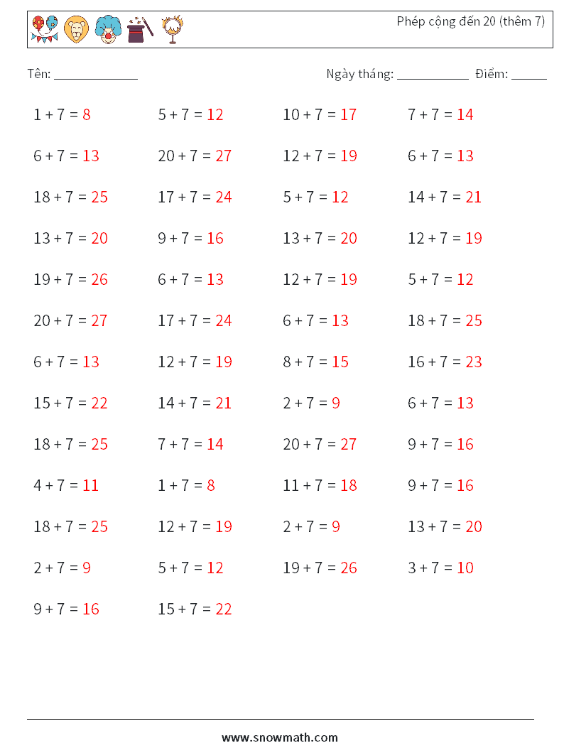 (50) Phép cộng đến 20 (thêm 7) Bảng tính toán học 9 Câu hỏi, câu trả lời